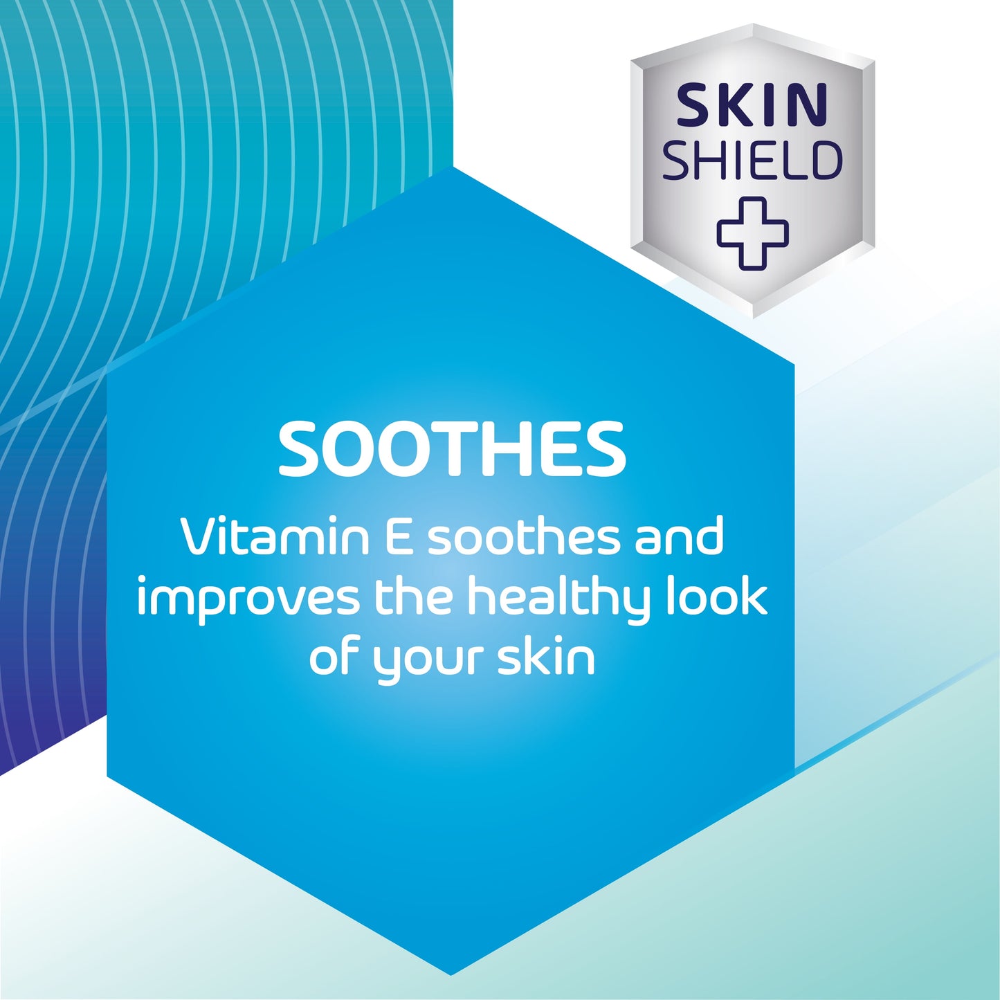 Promotional graphic for a skin care product with 'Skin Shield' and 'Vitamin E' text on a blue and purple background.