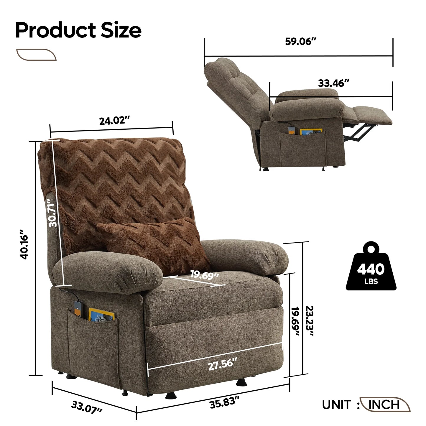 Brown recliner chair with dimensions and weight displayed on a white background