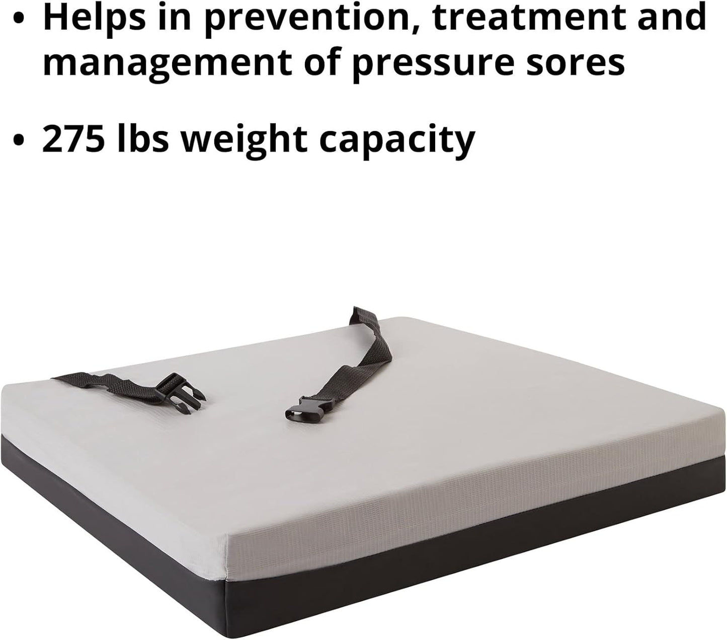 Mattress pad with straps on a white background, text about pressure sore prevention and weight capacity.