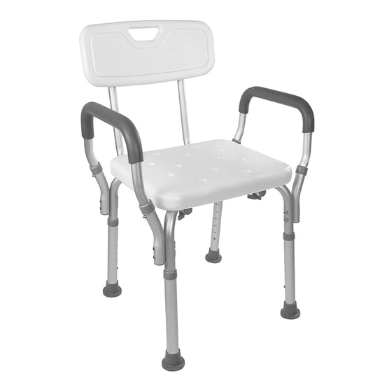 White shower chair with gray arms and legs on a white background