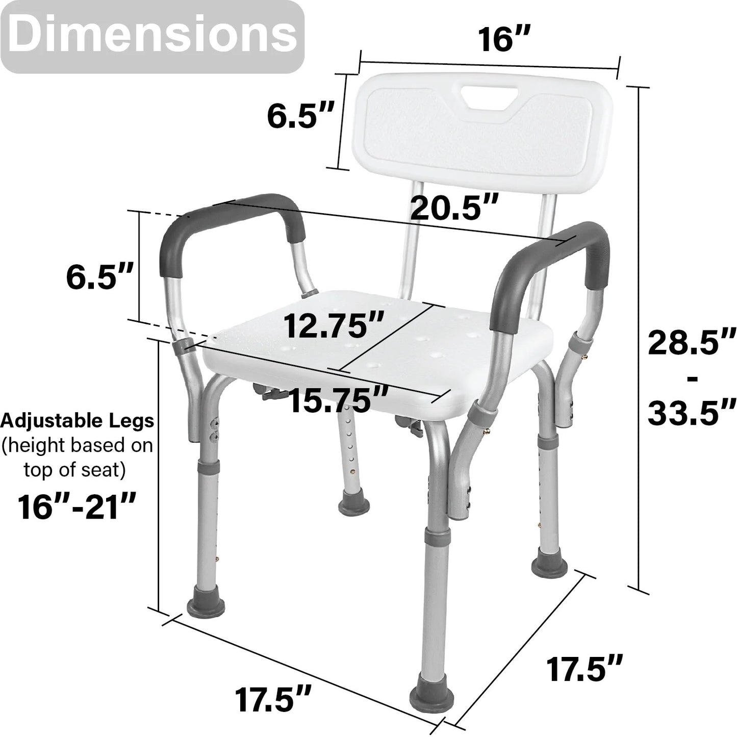 Measurement chart of a shower chair with dimensions labeled