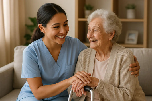 caregiver sitting with senior citizen