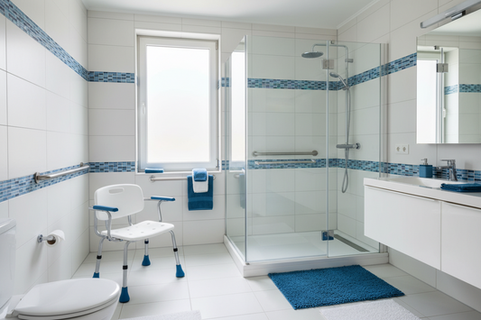 bathroom with safety features shower chair grab bars nonslip mat