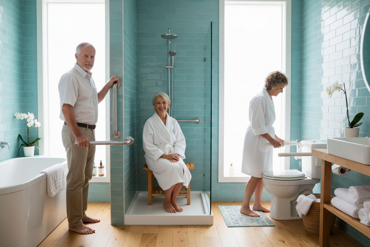 Seniors in bathroom setting with safety equipment installed
