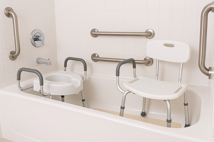 Commode, shower chair, grab bars in bathtub.