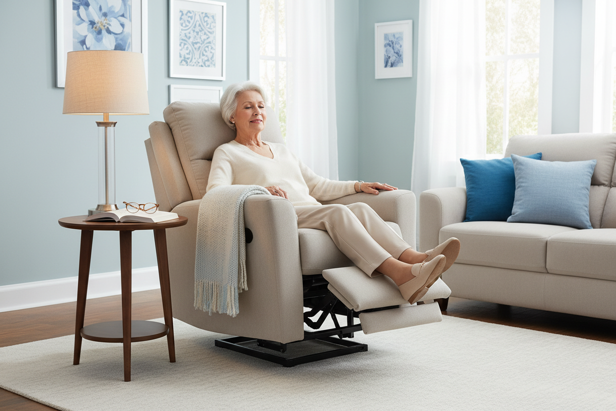 Woman relaxing on a power lift recliner in a living room setting.