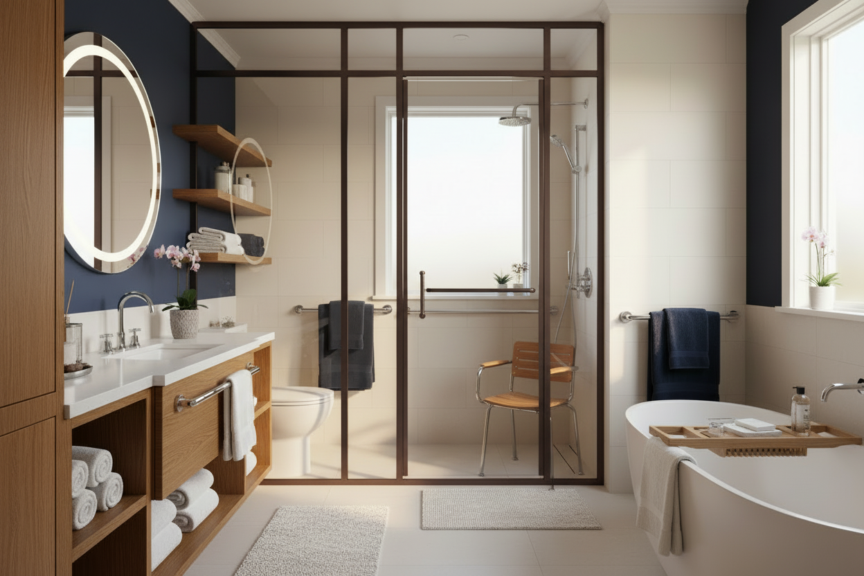 bathroom shower with shower chair, bath mat and grab bars