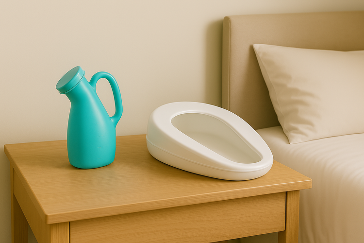 Bedpan and Urinal on bedside table.
