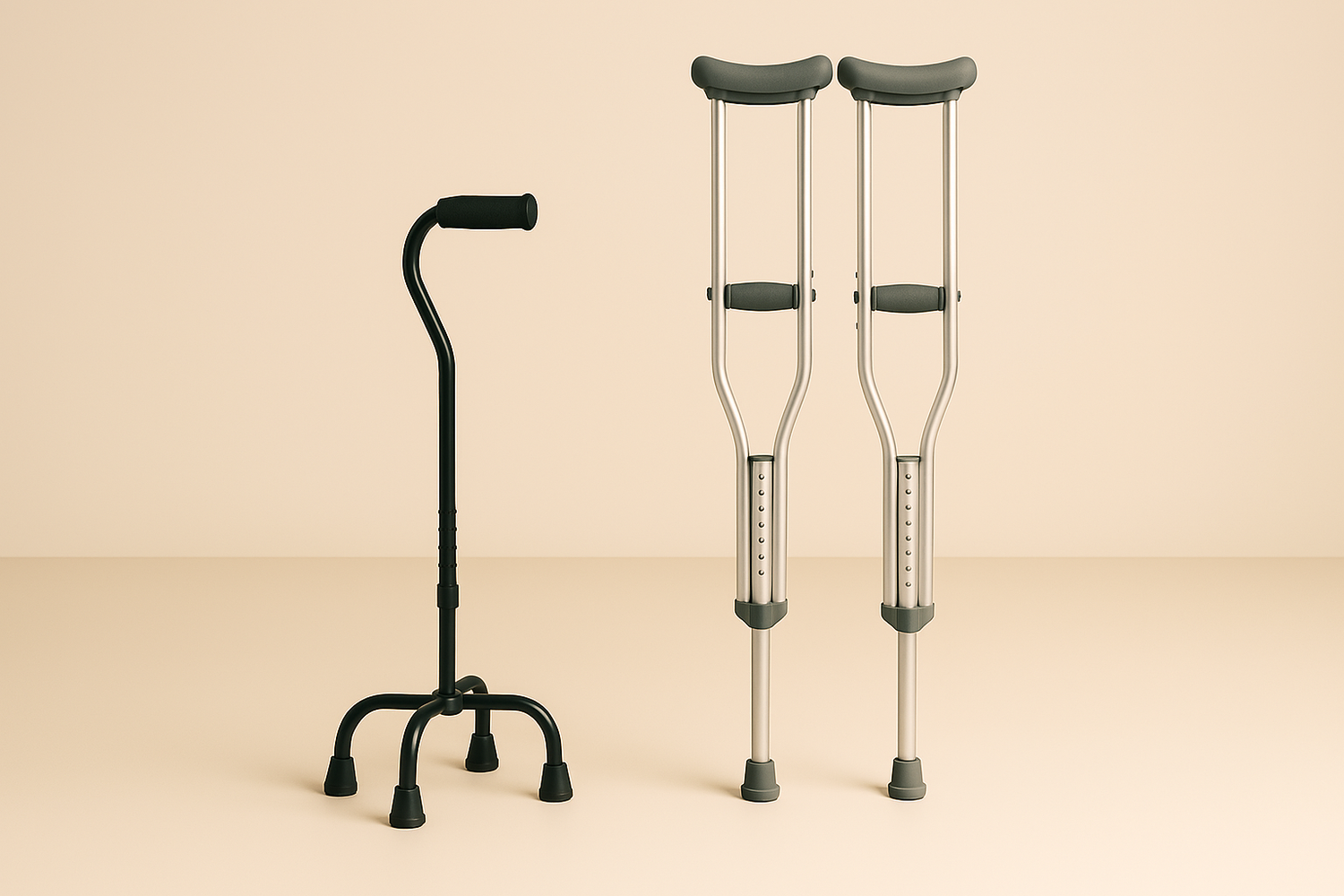 4 footed cane and crutches in front of a beige background.