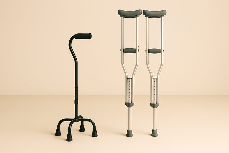 4 footed cane and crutches in front of a beige background.
