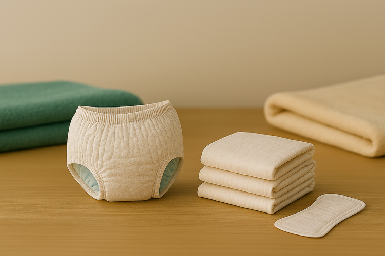 incontinence underwear on wooden table beige background