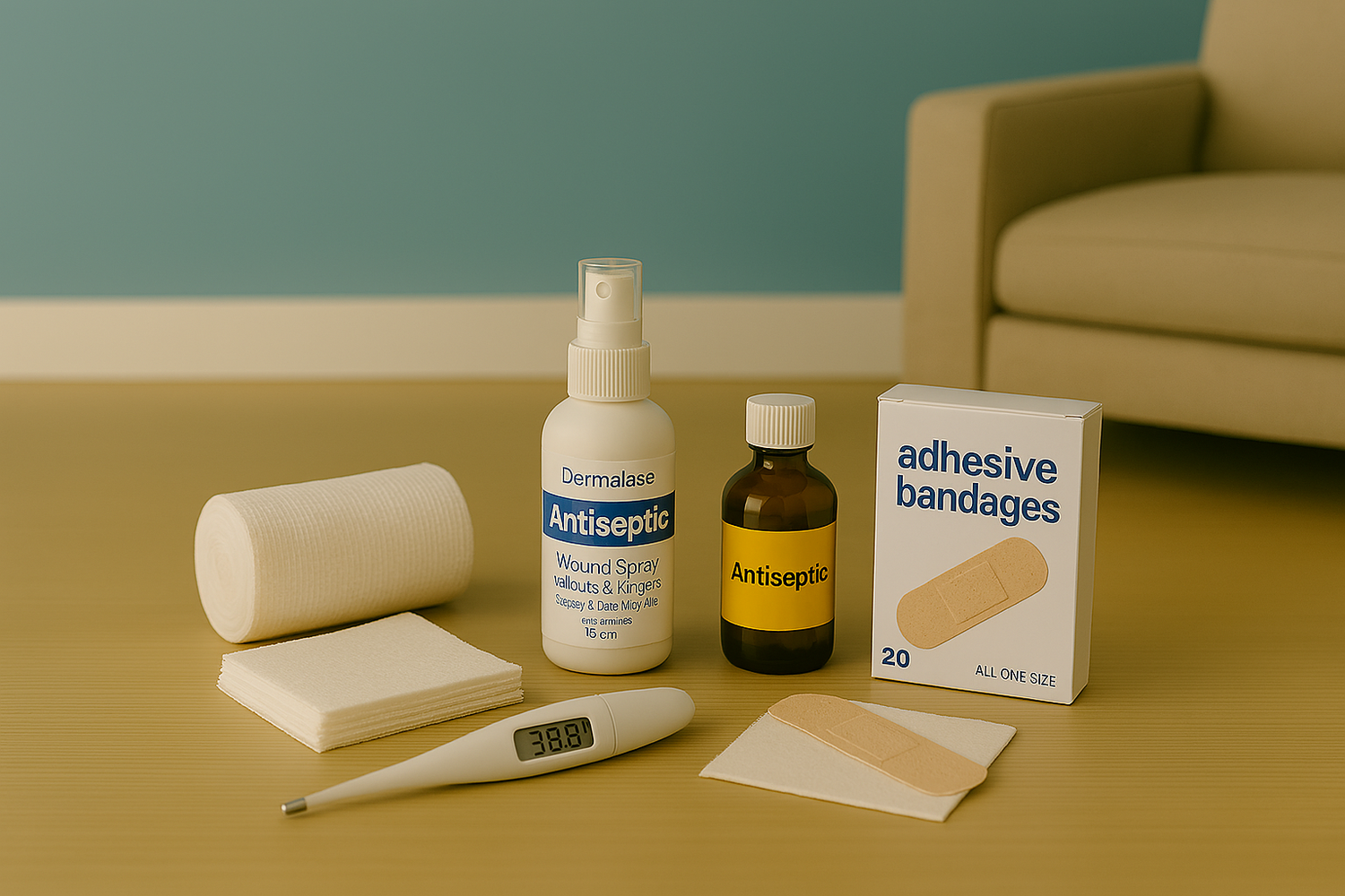 antiseptics and bandages on wooden floor with teal background