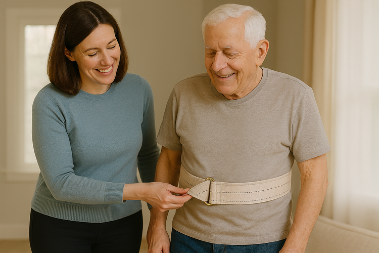 Caregiver helping patient with gait belt.