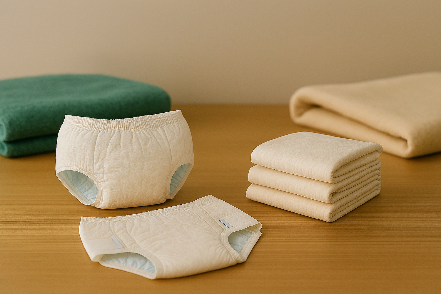 incontinence briefs wooden table, beige background