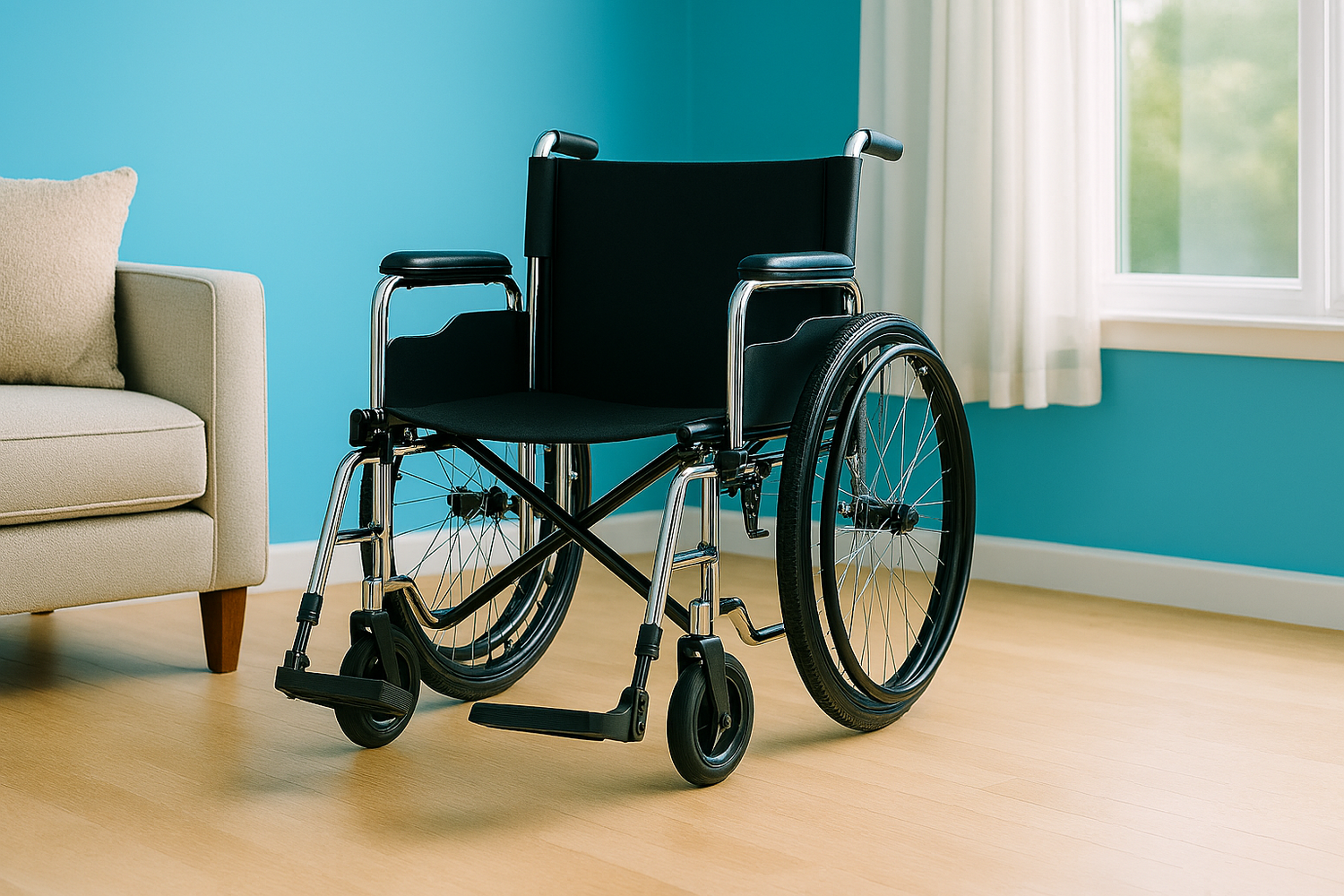 manual wheelchair with a beige background.