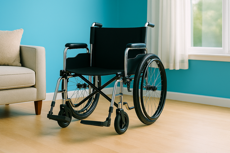 manual wheelchair with a beige background.