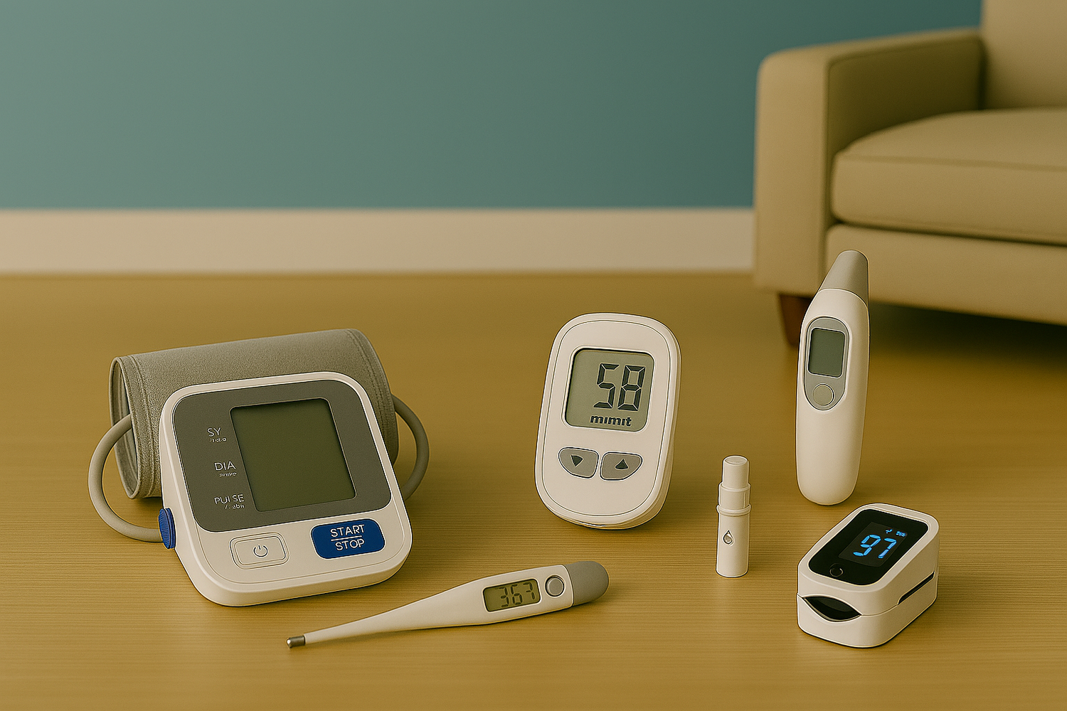 medical equipment on wooden floor with chair and teal background