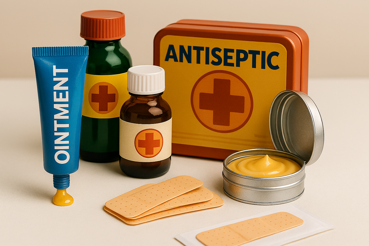 picture of various ointments and antiseptics on beige background