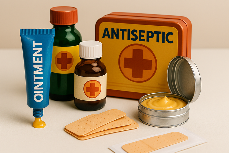 picture of various ointments and antiseptics on beige background