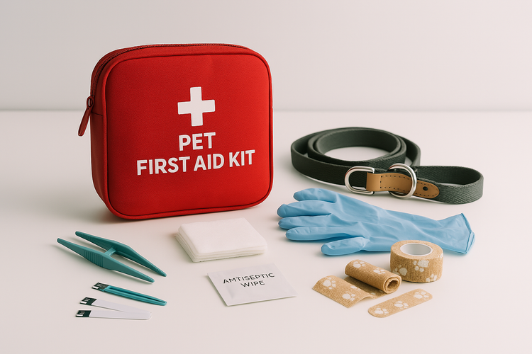 Red First Aid Kit showing first aid items and a dog leash.