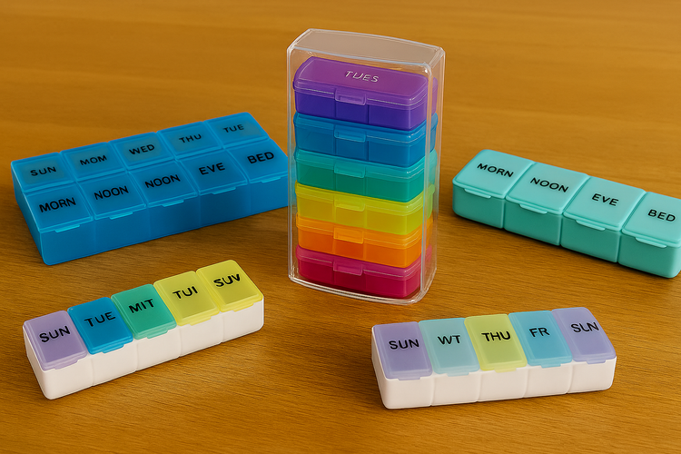 Assorted pill organizers and medication dispensers including weekly planners, stackable containers, and timer caps.