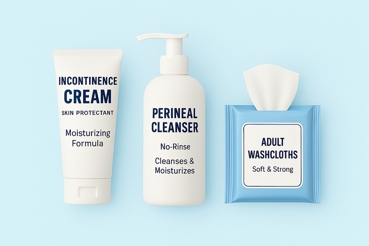 Three incontinence skin care products—cream, cleanser, and adult washcloths—displayed against a light blue background. Packaging is clean and minimal.
