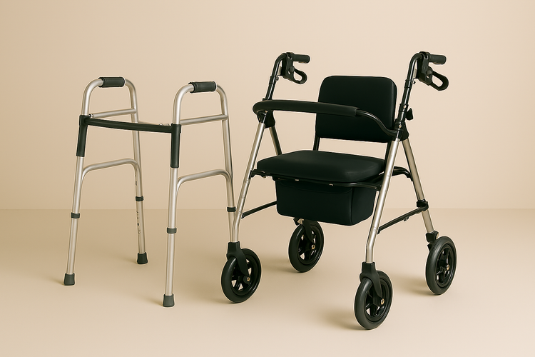picture of a walker and a rollator against a beige background