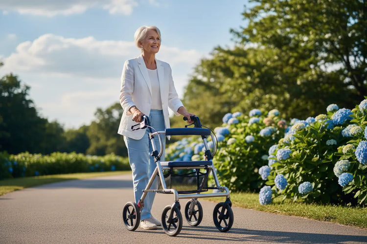 Woman using a rollator outside on a sunny day.