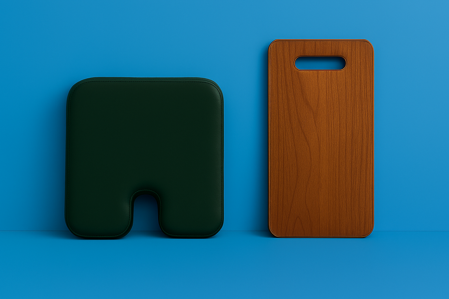 wheelchair seat cushion and wooden transfer board against beige background.