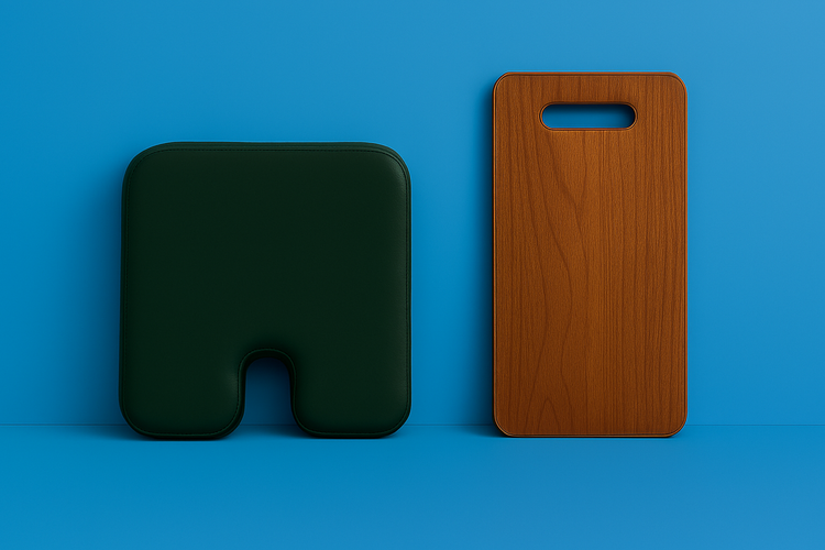 wheelchair seat cushion and wooden transfer board against beige background.