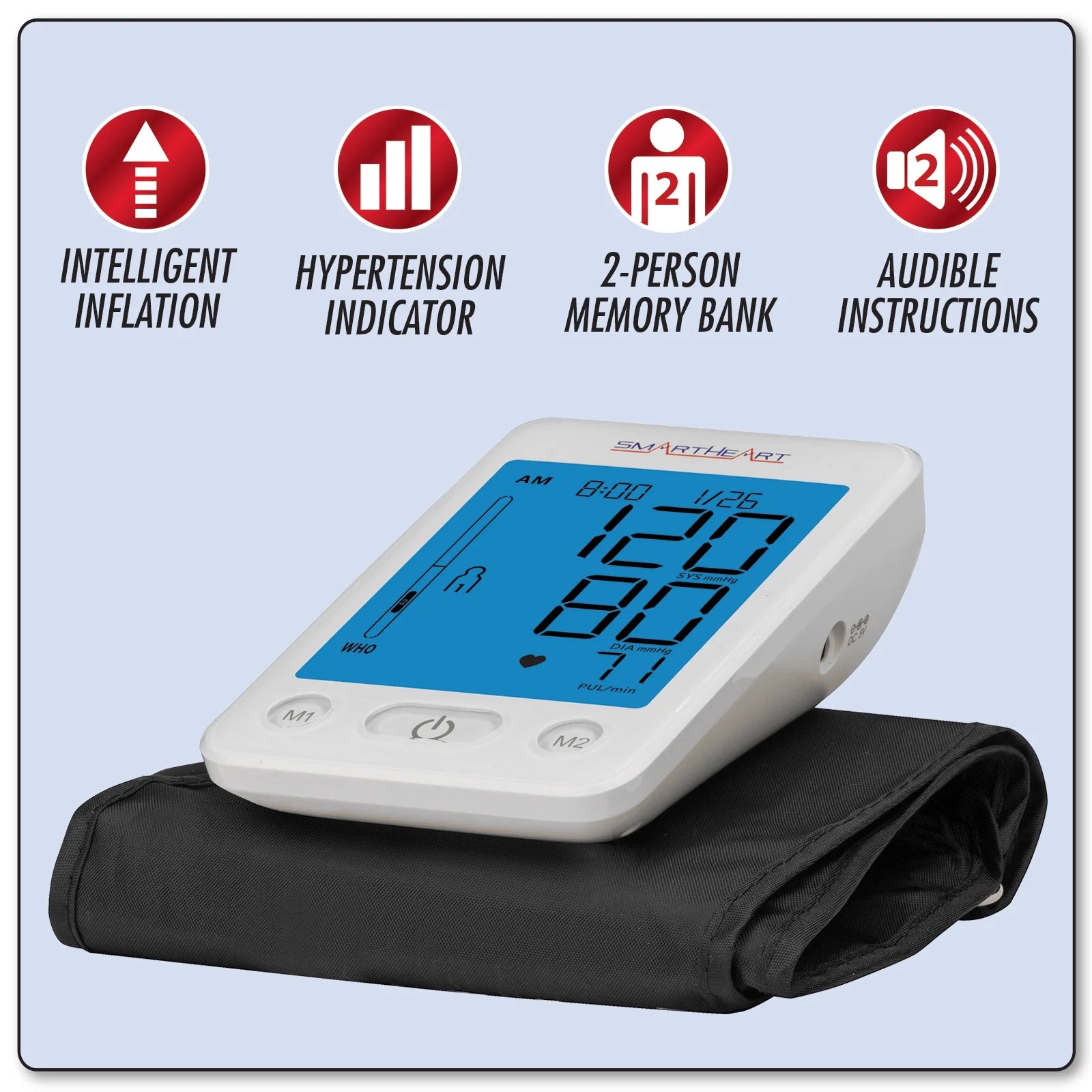 Blood pressure monitor with features listed on a light blue background