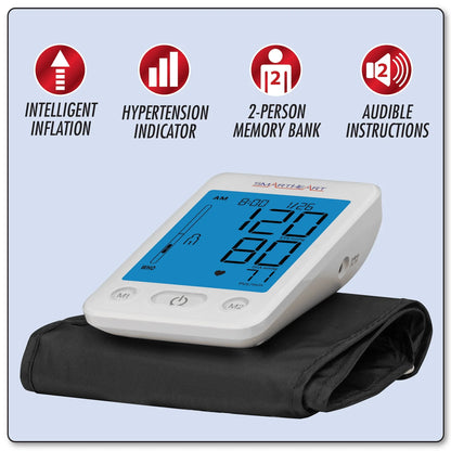 Blood pressure monitor with features listed on a light blue background