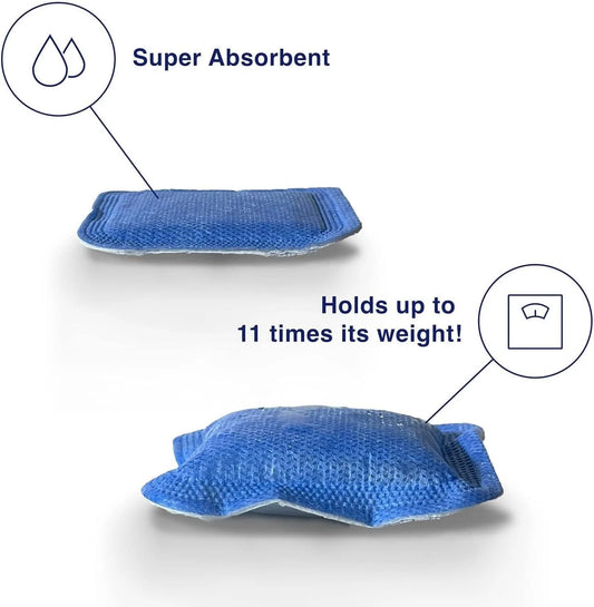Blue super absorbent pad with text indicating its absorbent properties on a white background

