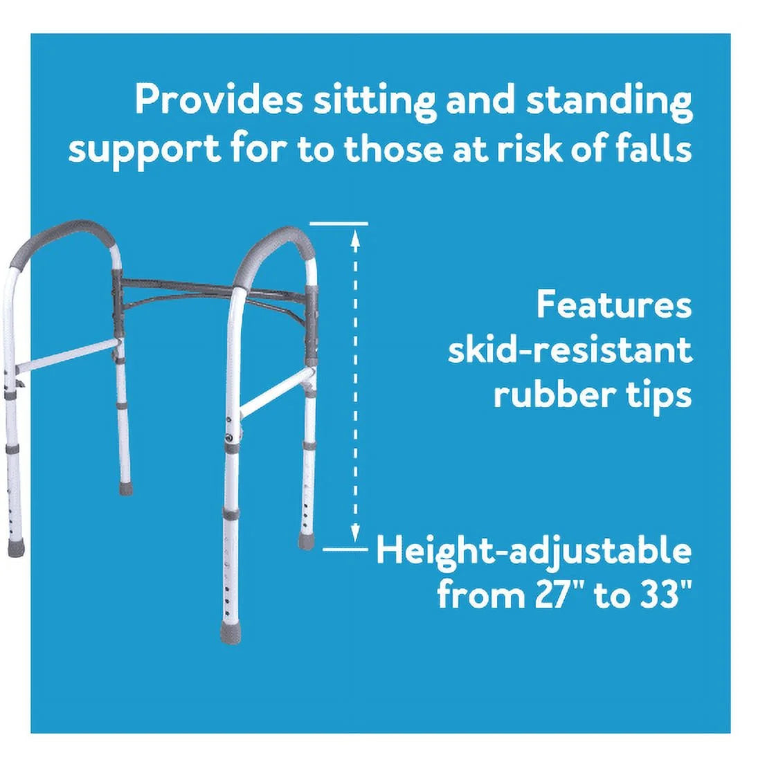 Carex toilet safety rails packaging with product features including 300 lb capacity, adjustable width, and padded handles.