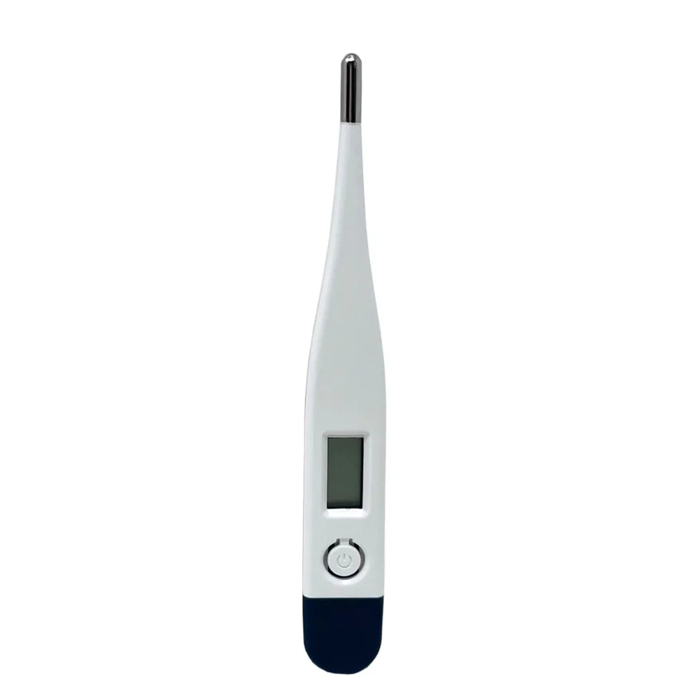 Digital thermometer with a white body and black base on a white background