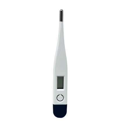 Digital thermometer with a white body and black base on a white background