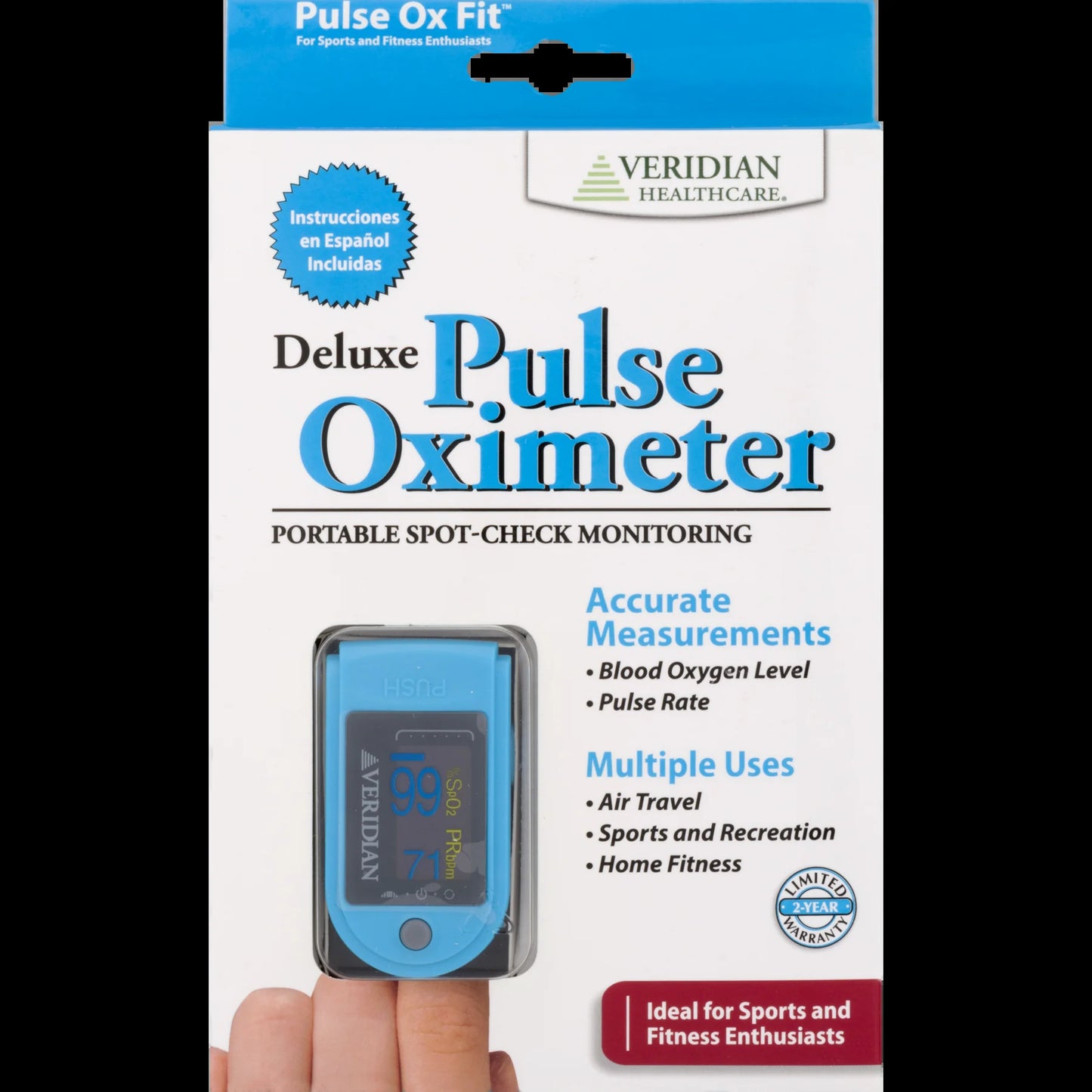 Veridian Healthcare Deluxe Pulse Oximeter packaging with a hand holding the device.

