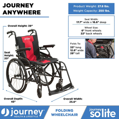 Folding wheelchair with specifications and branding on a white background