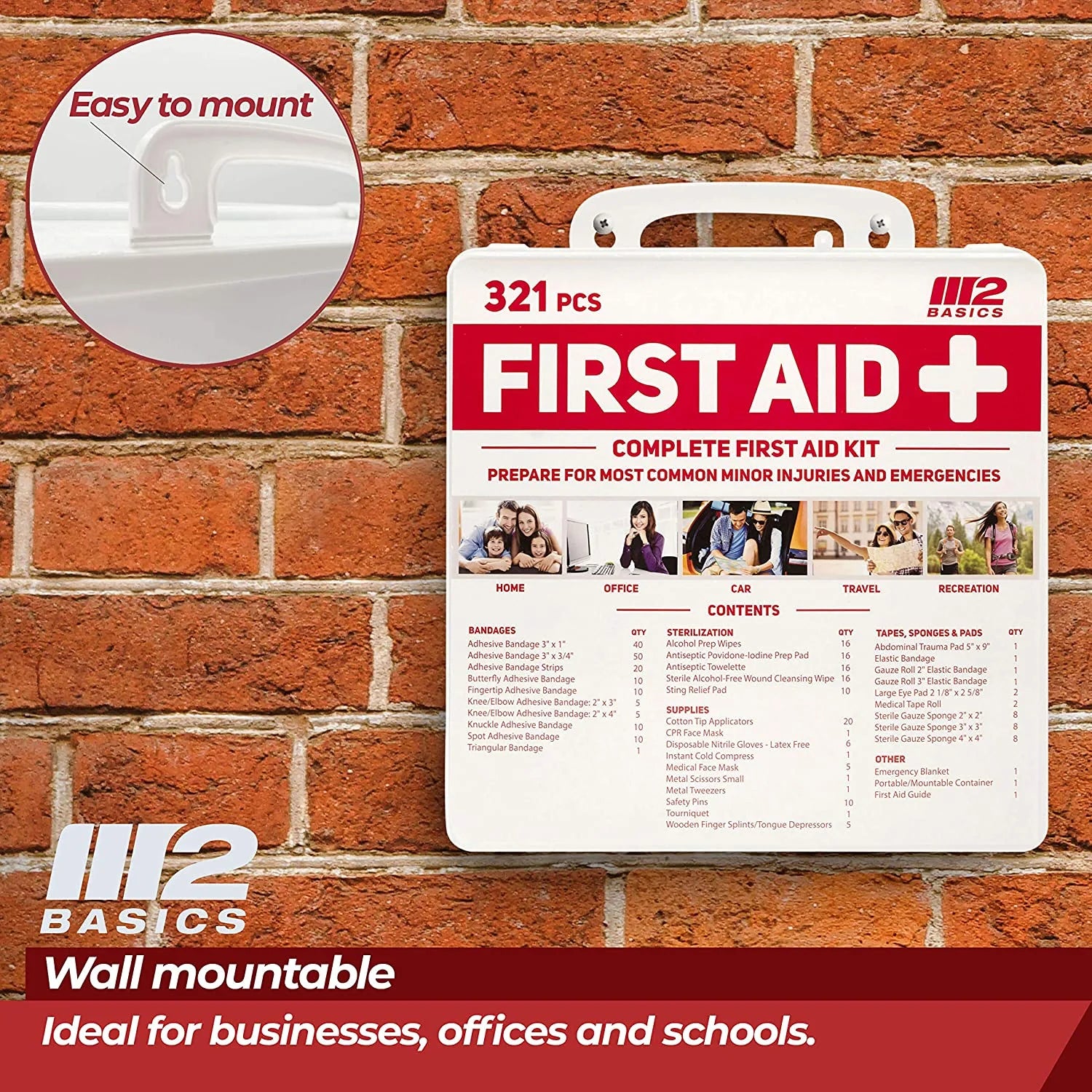 First aid kit with 321 pieces on a brick wall background, featuring M2 Basics branding.

