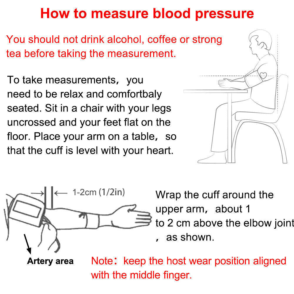 Instructions on how to measure blood pressure with text and diagrams.

