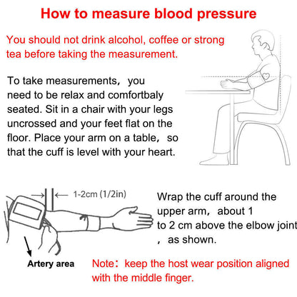 Instructions on how to measure blood pressure with text and diagrams.


