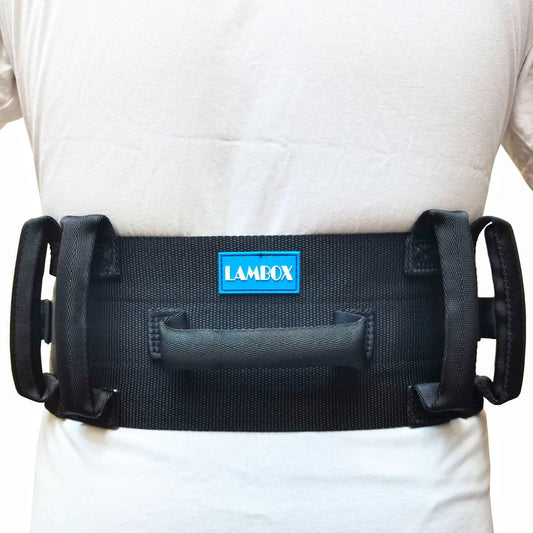Black waist support belt with a blue 'LAMBOX' label worn by a person on a white background