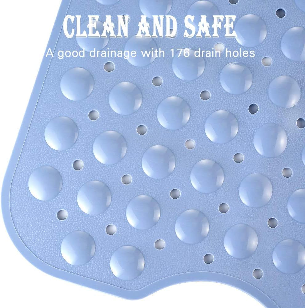 Blue mat with multiple drain holes and text 'Clean and Safe' on a white background

