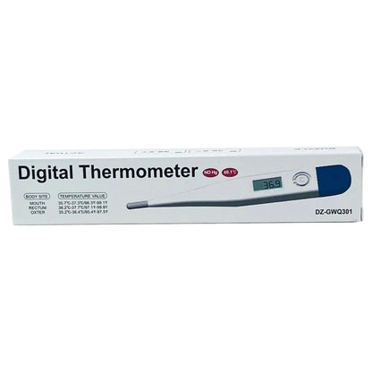 Digital thermometer packaging with temperature display on a white background