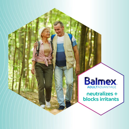 Couple hiking in a forest with Balmex product information overlay.

