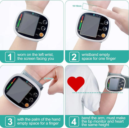 Instructions on how to use a digital blood pressure monitor with images of hands and arm positions.

