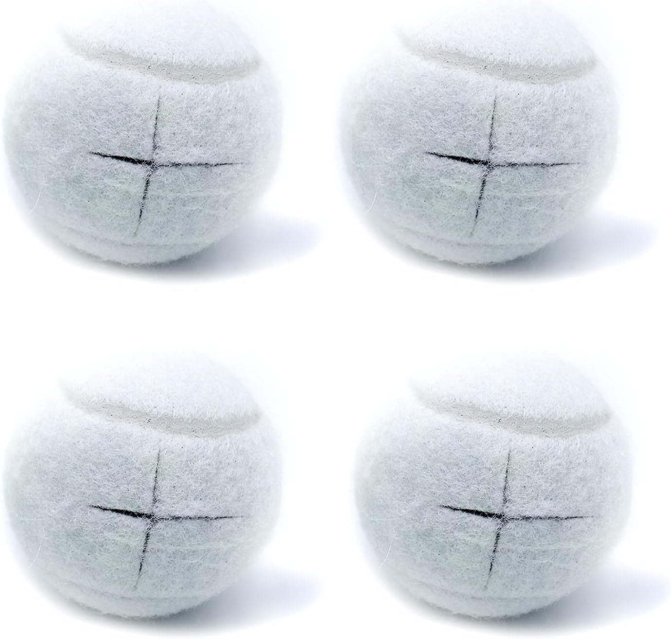 Four white dryer balls with black crosshatch pattern on a white background
