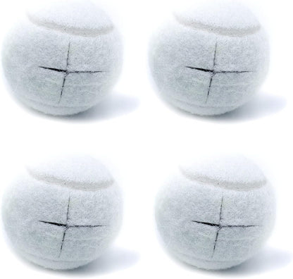 Four white dryer balls with black crosshatch pattern on a white background