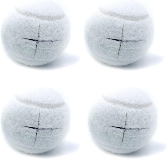 Four white dryer balls with black crosshatch pattern on a white background