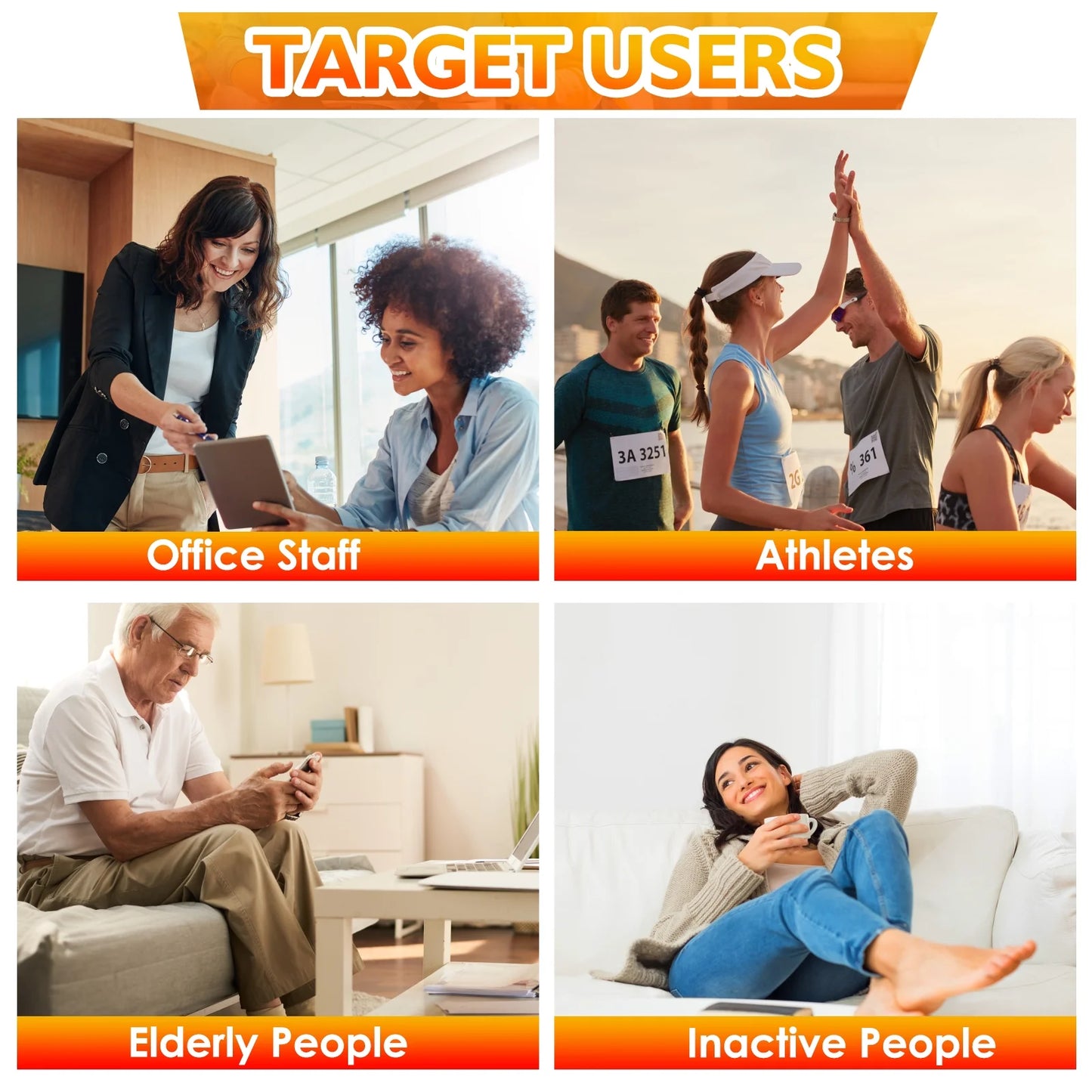 Target users for a product or service, including office staff, athletes, elderly people, and inactive people.

